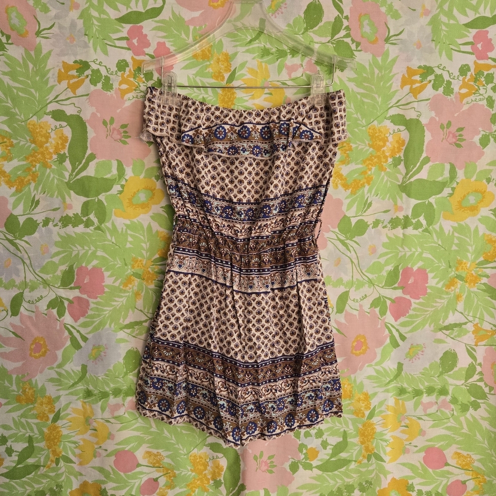 Blue And Brown Strapless Floral Romper